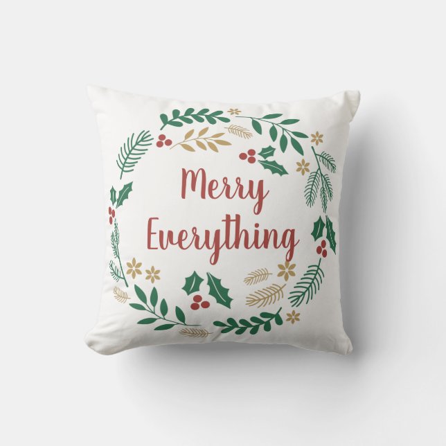 Holly Berry Pine Wreath Merry Everything Photo Throw Pillow (Front)