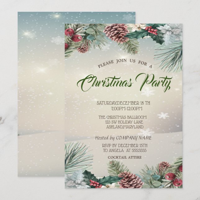 Holly Berry Pinecones  Company Christmas Party Invitation (Front/Back)
