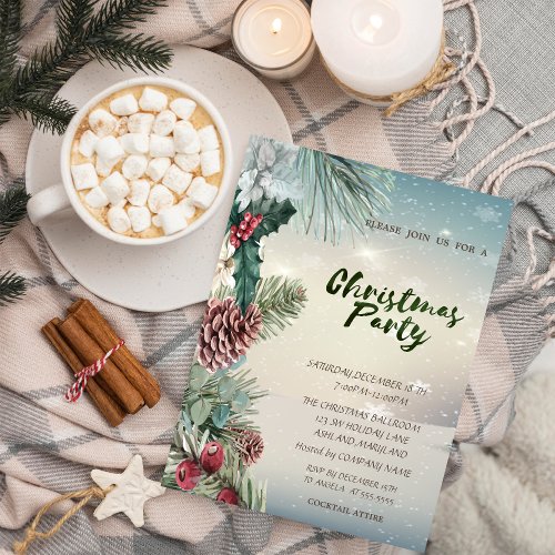 Holly Berry Pinecones Snow Company Christmas Party Invitation