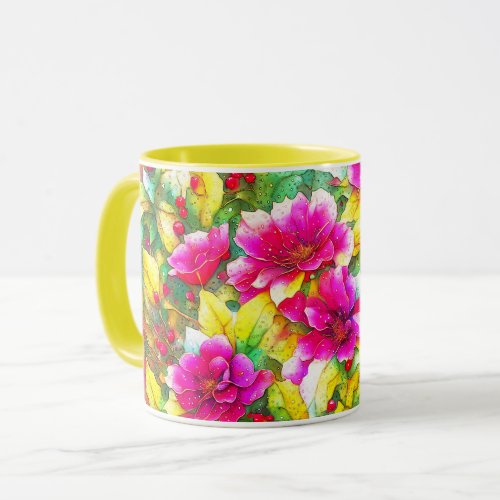 Holly Berry Pink Flowers Art Holiday Mug Cup