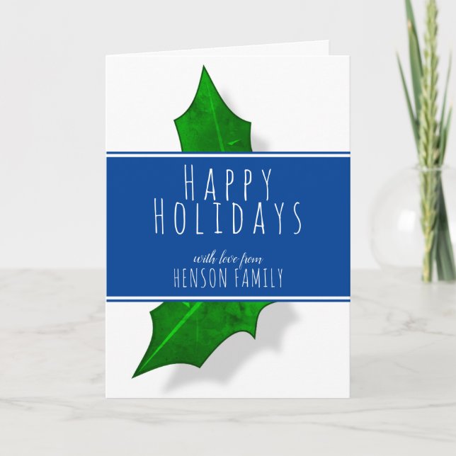 Holly Berry Plant Blue Family Christmas Happy Holiday Card (Front)