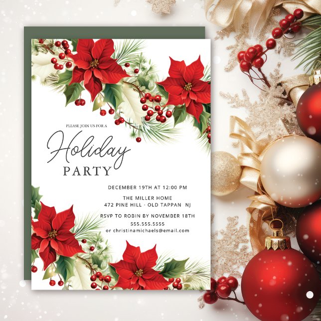 Holly Berry Poinsettia Holiday Party Invitation (Creator Uploaded)