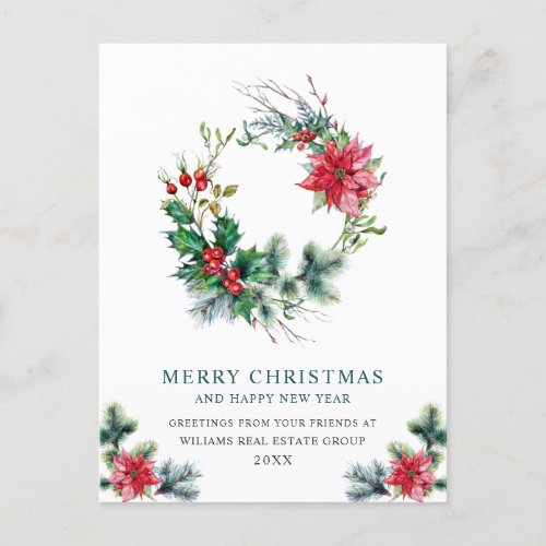 Holly Berry Poinsettia Wreath Corporate Christmas  Holiday Postcard