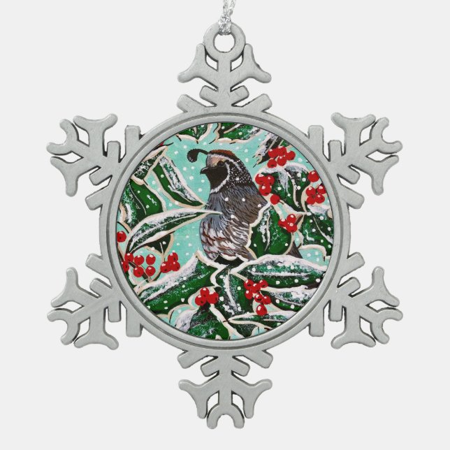 Holly Berry Quail Ornament (Front)