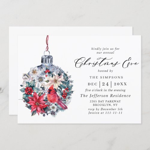 Holly Berry Red Cardinal Holiday Christmas Eve Invitation