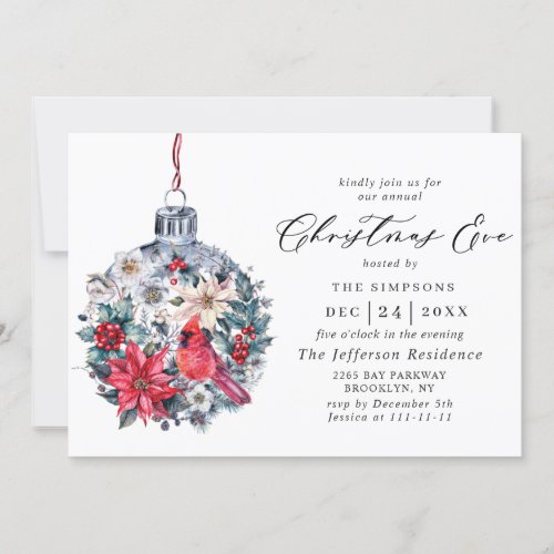 Holly Berry Red Cardinal Holiday Christmas Eve Invitation