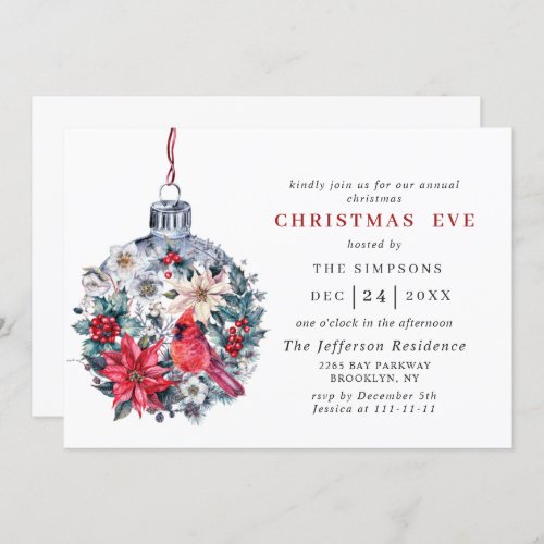 Holly Berry Red Cardinal Vintage CHRISTMAS EVE Invitation