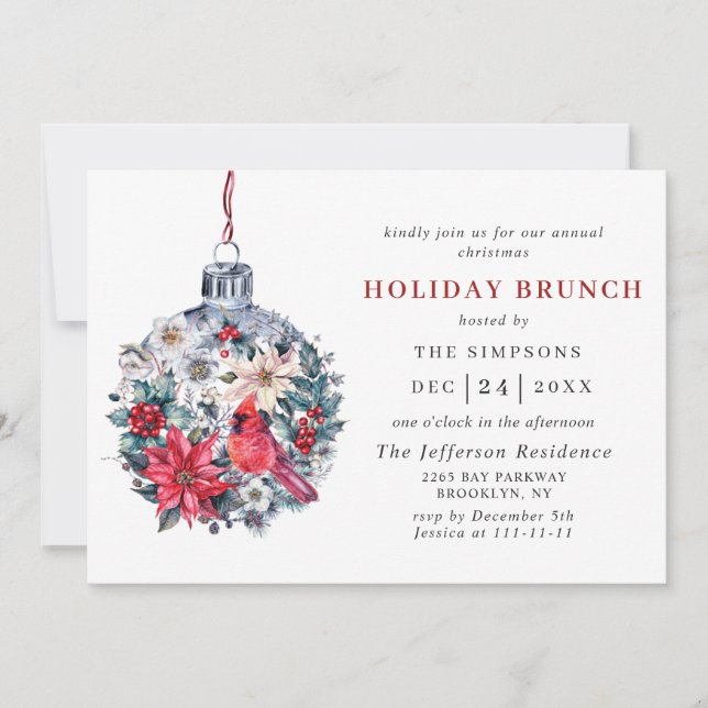 Holly Berry Red Cardinal Vintage HOLIDAY BRUNCH Invitation (Front)