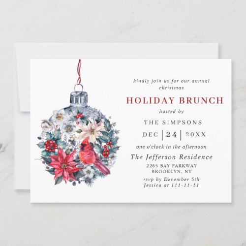Holly Berry Red Cardinal Vintage HOLIDAY BRUNCH Invitation