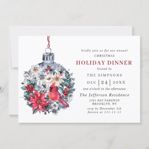Holly Berry Red Cardinal Vintage HOLIDAY DINNER Invitation