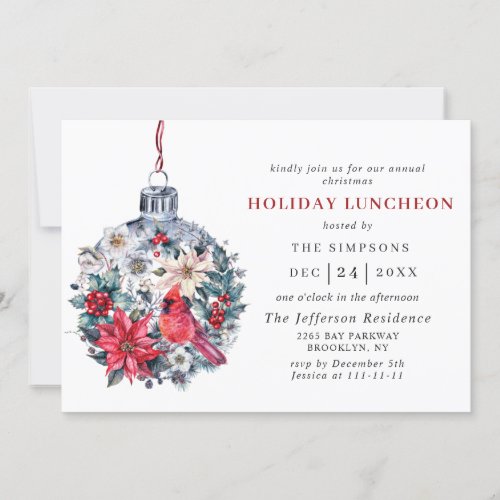 Holly Berry Red Cardinal Vintage Holiday Luncheon Invitation