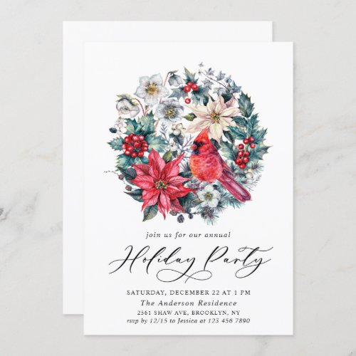 Holly Berry Red Cardinal Vintage Holiday Party Invitation