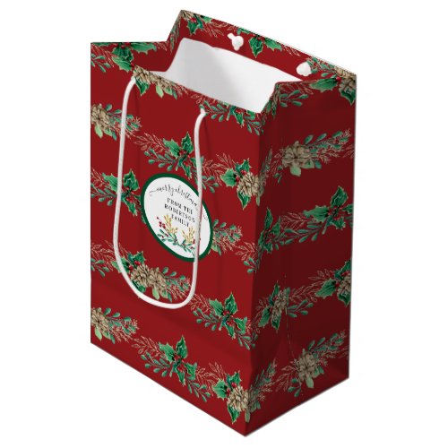 Holly Berry Red Green Christmas Elegant Watercolor Medium Gift Bag