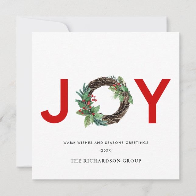 HOLLY BERRY RED JOY WREATH CHRISTMAS CORPORATE HOLIDAY CARD (Front)