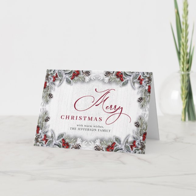 Holly Berry Rustic Christmas Greeting Card (Front)