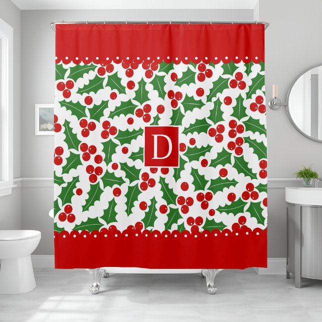 Holly berry scalloped borders monogram Christmas Shower Curtain (Creator Uploaded)