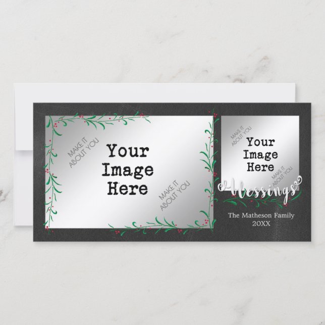 Holly Berry Swag BLESSINGS Photo Holiday Card (Front)