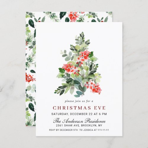 Holly Berry Tree Christmas Eve Invitation Card