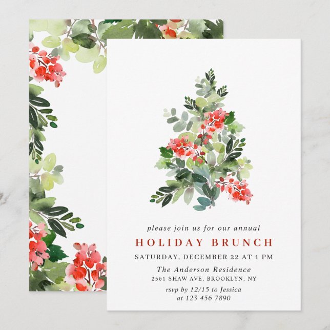 Holly Berry Tree CHRISTMAS HOLIDAY BRUNCH Invitation (Front/Back)