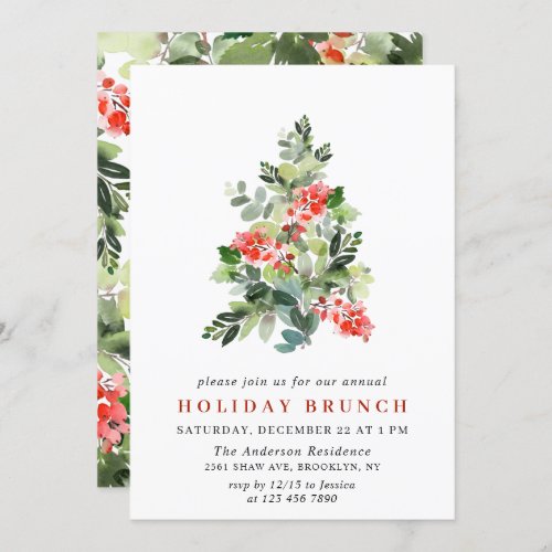 Holly Berry Tree CHRISTMAS HOLIDAY BRUNCH Invitation