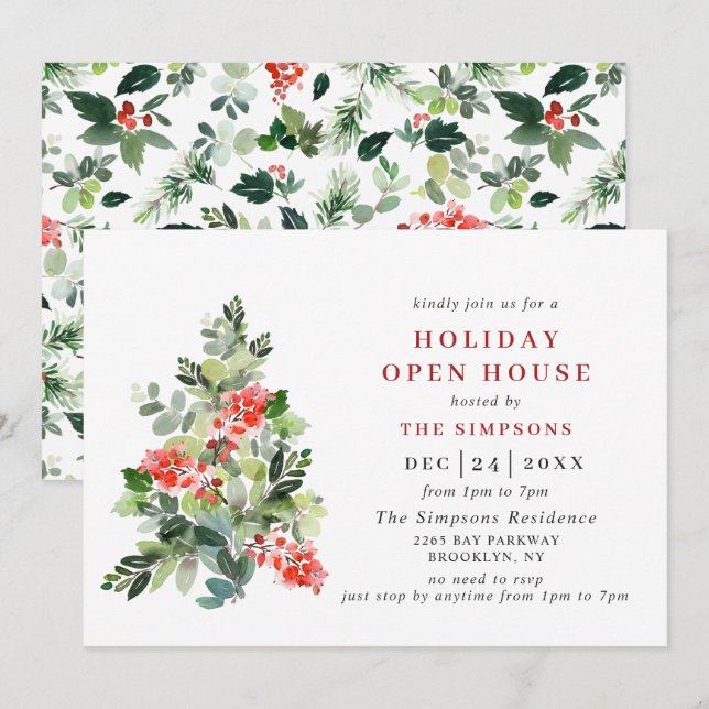Holly Berry Tree CHRISTMAS HOLIDAY OPEN HOUSE Invitation (Front/Back)
