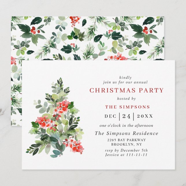 Holly Berry Tree Holiday CHRISTMAS PARTY Invitation (Front/Back)