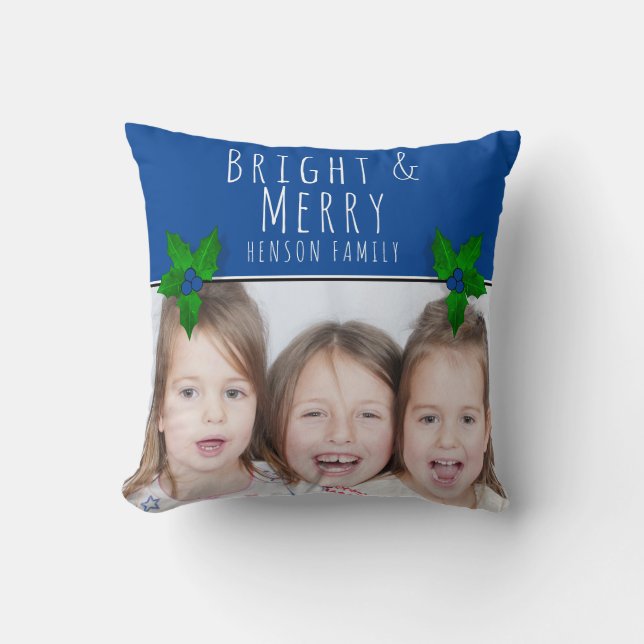Holly Berry Tree Plant Blue Bright Photo Christmas Throw Pillow (Front)