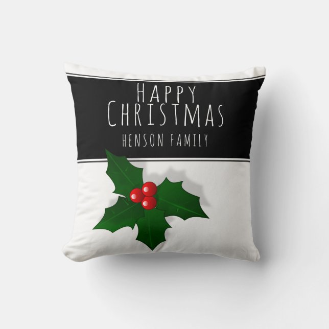 Holly Berry Tree Plant Happy Christmas Throw Pillow (Front)