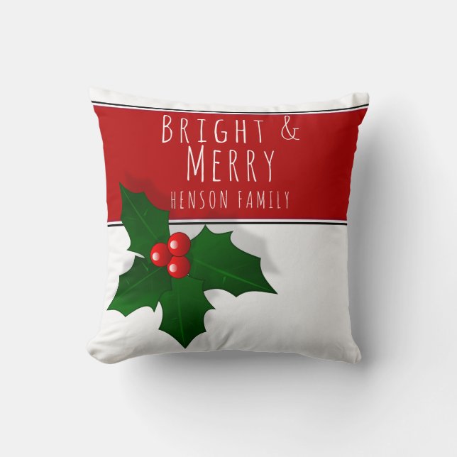 Holly Berry Tree Plant Red Happy Christmas Throw Pillow (Front)