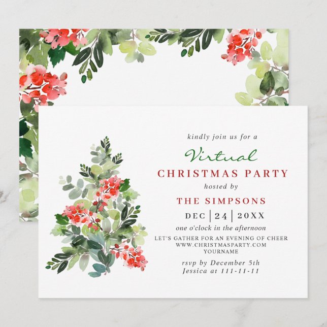 Holly Berry Tree Virtual CHRISTMAS HOLIDAY Party Invitation (Front/Back)