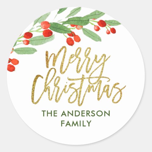 Holly Berry Watercolor Christmas Classic Round Sticker