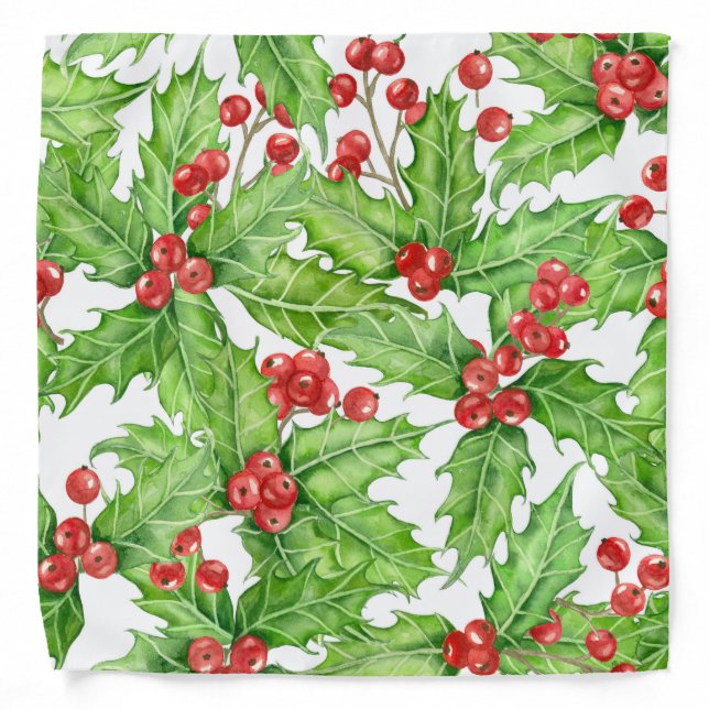Holly berry watercolor Christmas pattern Bandana (Front)