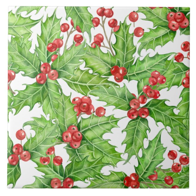Holly berry watercolor Christmas pattern Ceramic Tile (Front)