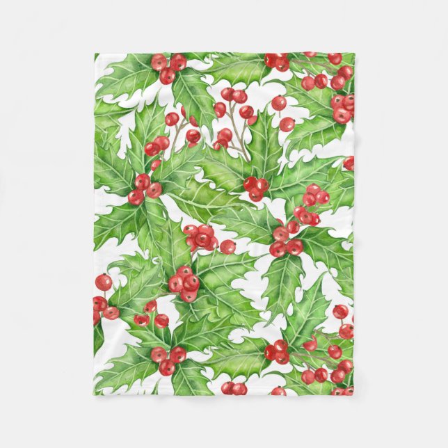 Holly berry watercolor Christmas pattern Fleece Blanket (Front)