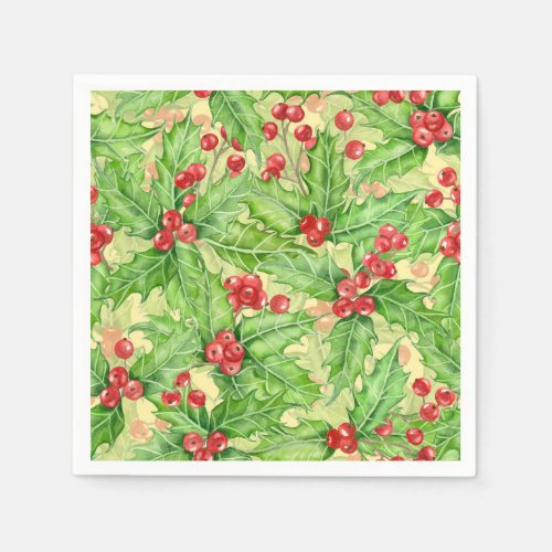 Holly berry watercolor Christmas pattern Paper Napkins