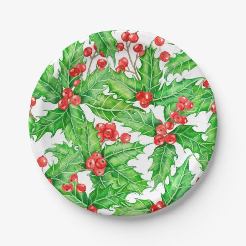 Holly berry watercolor Christmas pattern Paper Plates