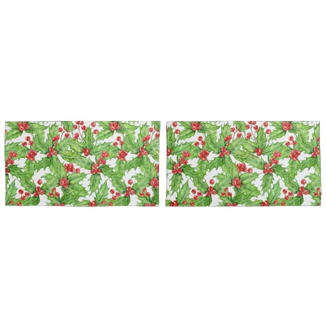 Holly berry watercolor Christmas pattern Pillowcase (Front-Set)