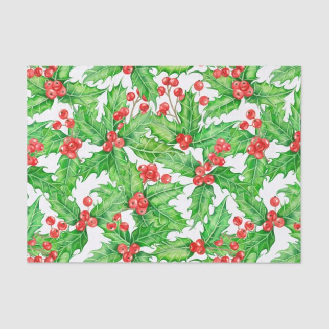 Holly berry watercolor Christmas pattern Tissue Paper (Front)