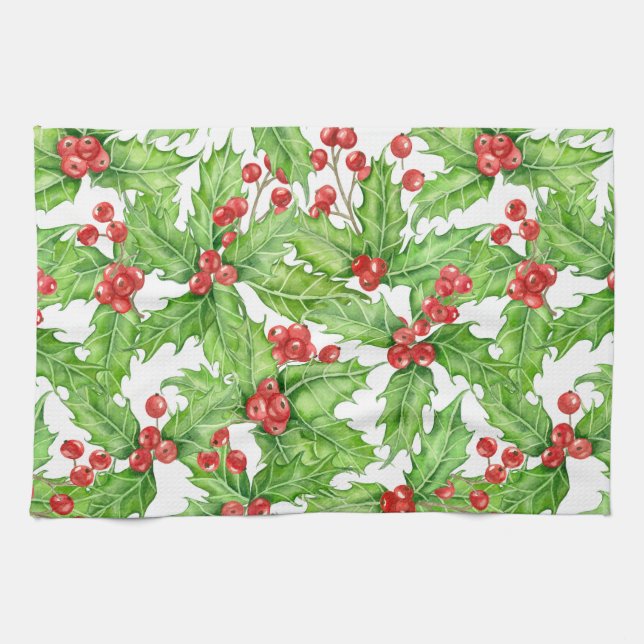 Holly berry watercolor Christmas pattern Towel (Horizontal)