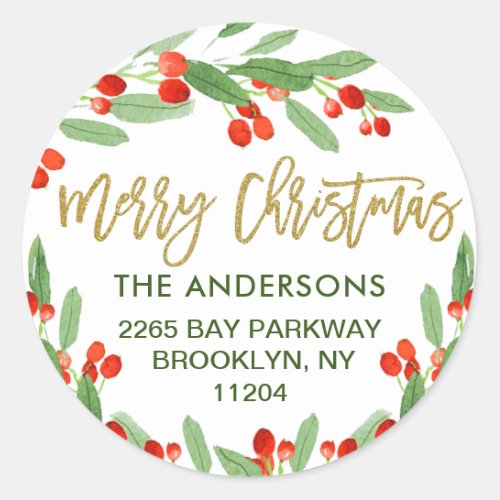 Holly Berry Watercolor Christmas Return Address Classic Round Sticker