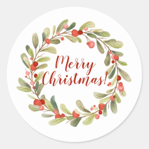 Holly Berry Watercolor Christmas Wreath Classic Round Sticker