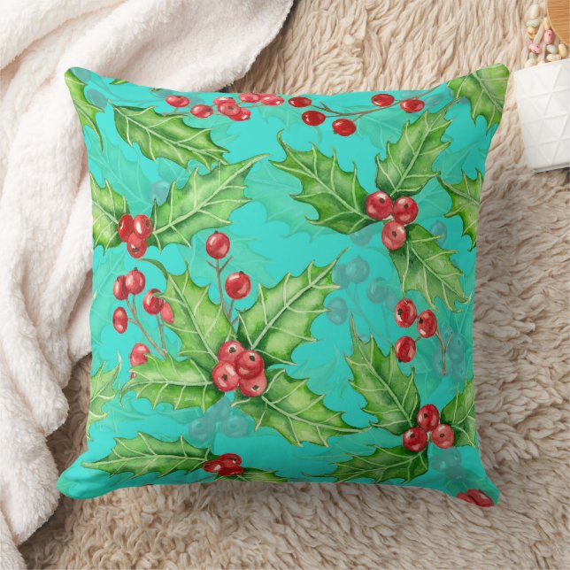 Holly berry watercolor throw pillow (Blanket)