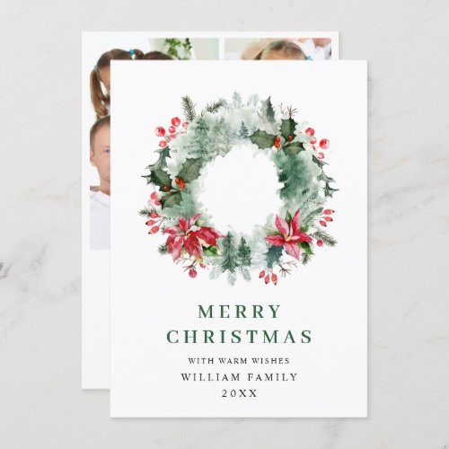 Holly Berry Wreath Christmas Greeting 3 Photo Holiday Card