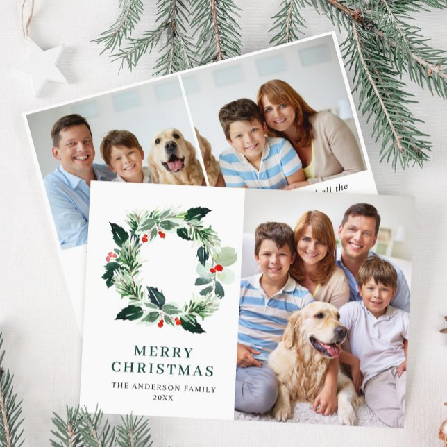 Holly Berry Wreath Christmas Greeting 3 PHOTO Holiday Card (Creator Uploaded)