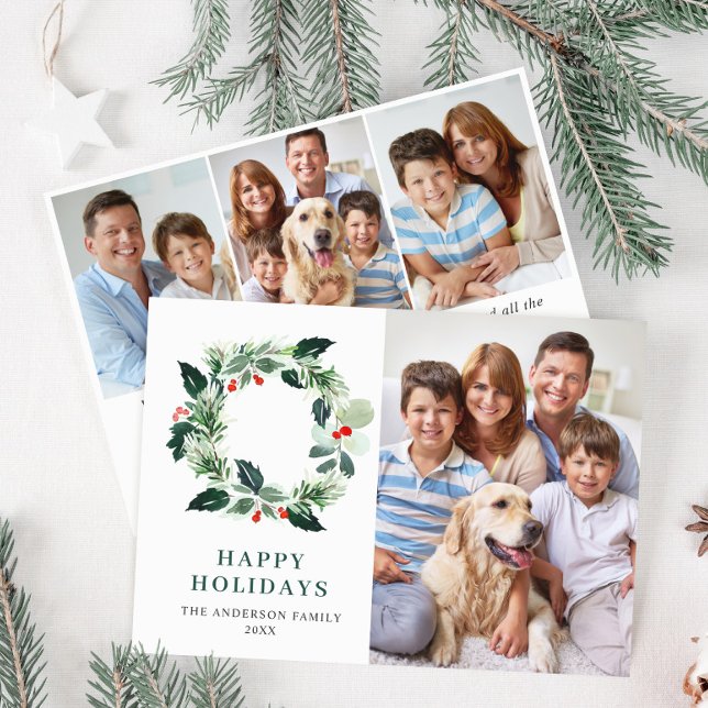 Holly Berry Wreath Christmas Greeting 4 PHOTO Holiday Card (Creator Uploaded)