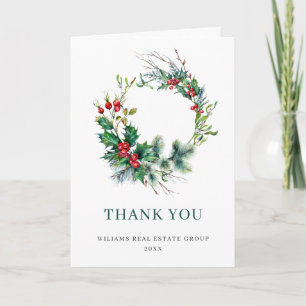 Holly Berry Wreath Christmas Greeting Holiday Letterpress Thank You Card