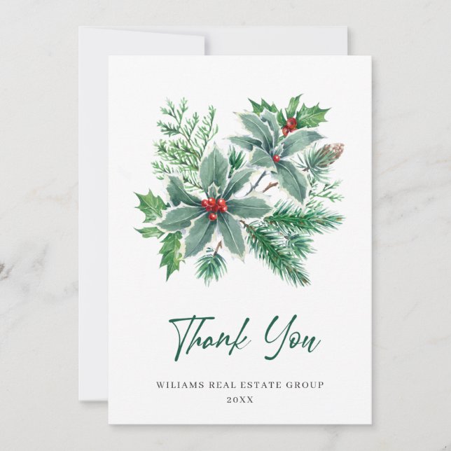 Holly Berry Wreath Christmas Greeting Holiday Than Thank You Card (Front)