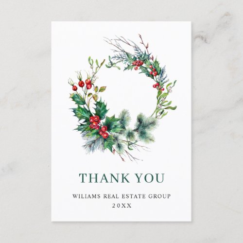 Holly Berry Wreath Christmas Greeting Holiday Thank You Card