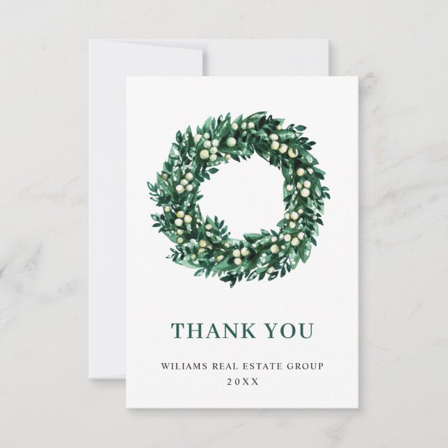 Holly Berry Wreath Christmas Greeting Holiday Thank You Card (Front)