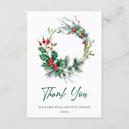 Holly Berry Wreath Christmas Greeting Holiday Thank You Card